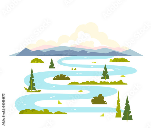 Meandering river flows from the mountains, wraps around trees and shrubs, sample geometric shapes, flat illustration on white background