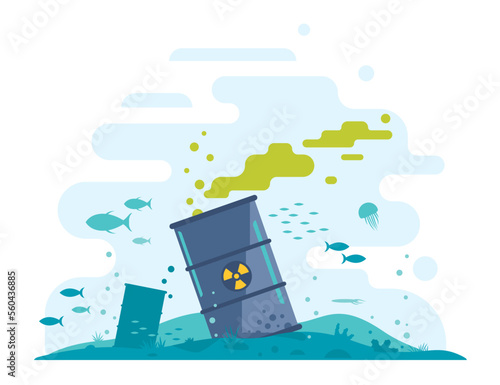 Barrel of toxic radioactive waste on the ocean floor with fish in polluted water, radiation pollution from nuclear power plant, ecological disaster, dirty toxic effluents, environmental pollution, iso
