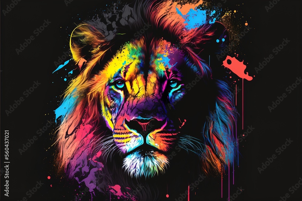 Abstract, multicolored, neon portrait of a lion head in pop art style. AI