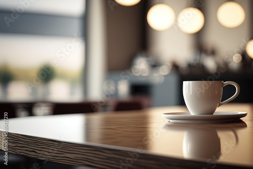 Copy space of table top counter on blur bokeh coffee cafe abstract background with morning sunlight from window. Generative AI