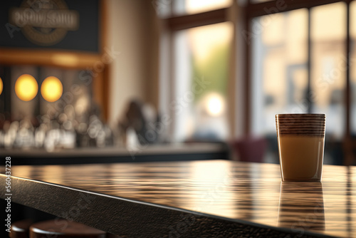 Copy space of table top counter on blur bokeh coffee cafe abstract background with morning sunlight from window. Generative AI