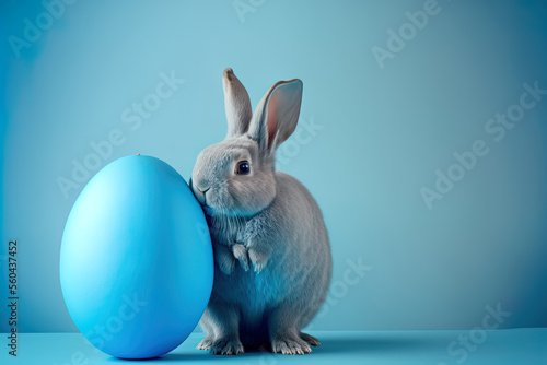 Easter bunny rabbit on a blue background holding a blue painted egg. holiday concept for Easter. Generative AI