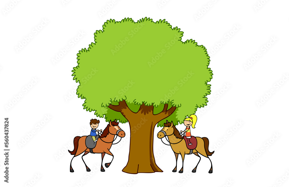 Girl and boy on horses meet under tree Girl and boy on horses meet under tree