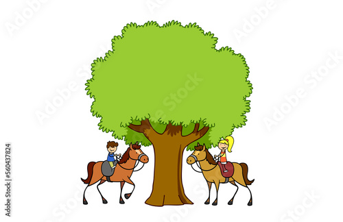 Girl and boy on horses meet under tree
