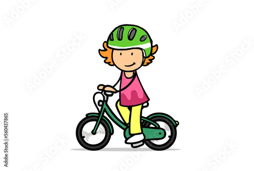 Cartoon girl learns to ride a bike wearing a bicycle helmet