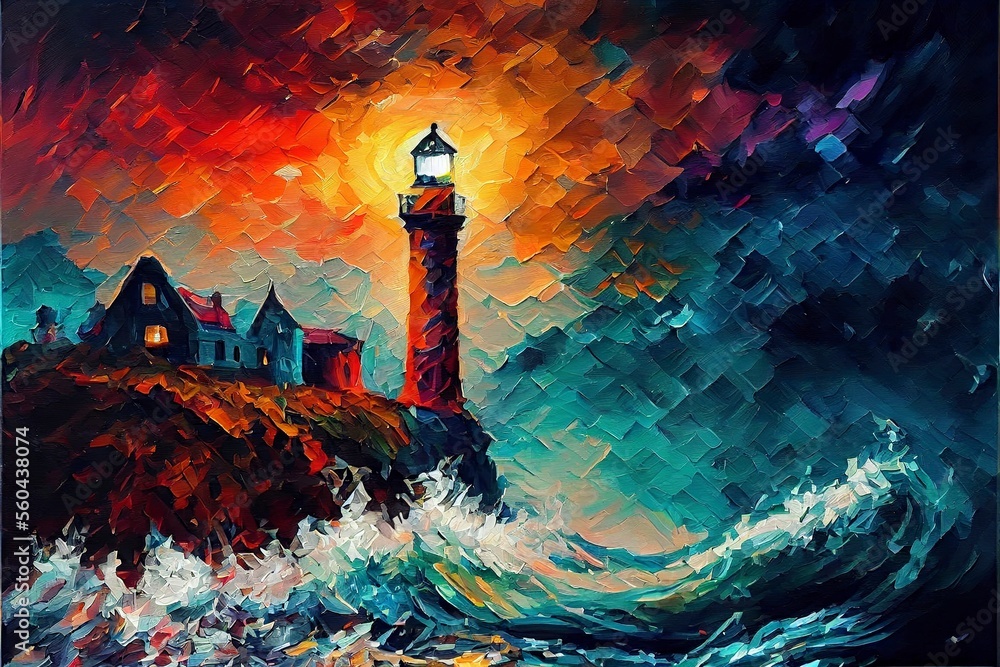 Digital painting of a lighthouse on the coast during a stormy night ...