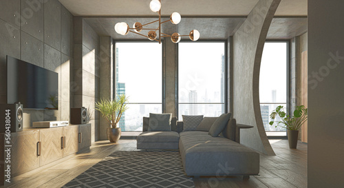 Photography Luxurious and modern open space with circular holes in the walls, apartment insi