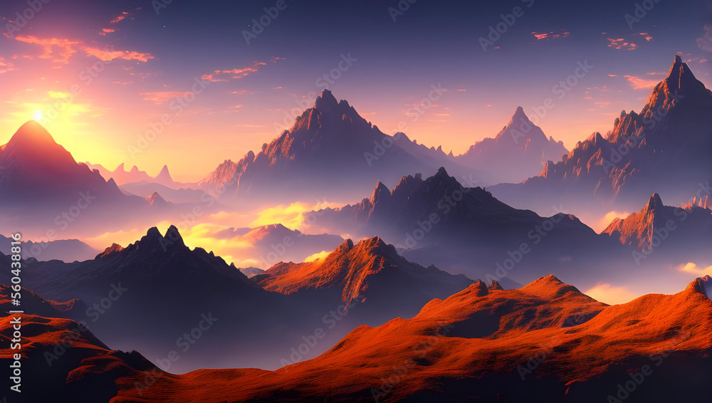 たくさんの山々が連なるファンタジー風景　