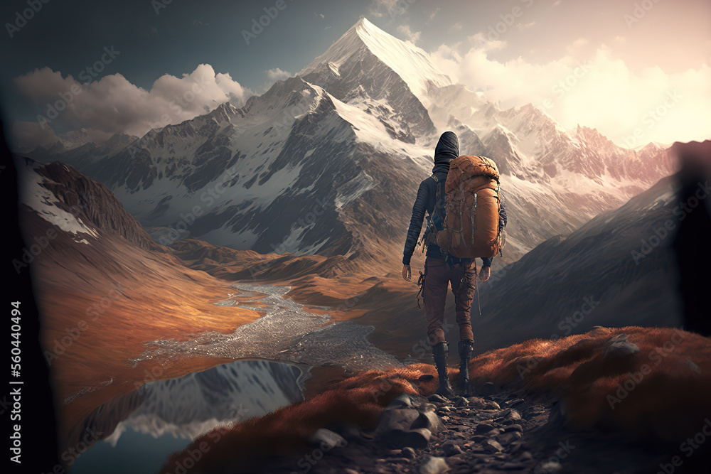 Close-up at back of a backpacker is standing on the beautiful view of the mountain range in winter season as background. Trekking leisure scene. Generative Ai image.