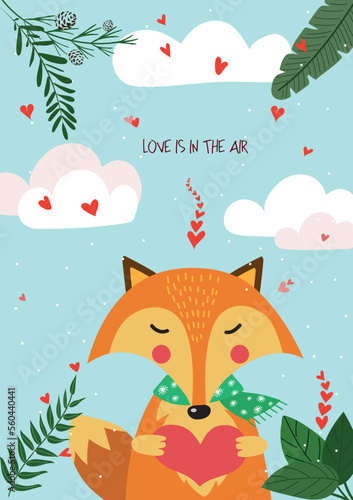 Cute hand drawn Valentines Day card with funny fox with Heart and caption love is in the air on the background of sky with clouds  hearts  green leaves
