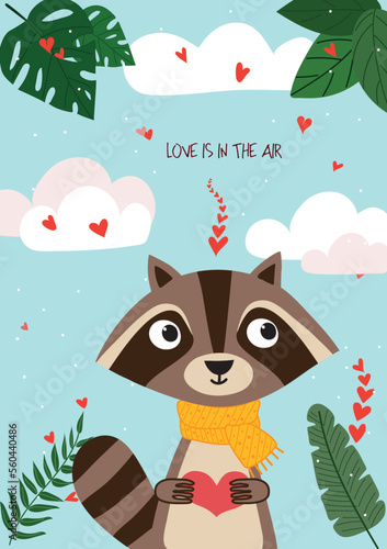 Fototapeta Naklejka Na Ścianę i Meble -  Cute hand drawn Valentines Day card with funny Raccoon with Heart and caption love is in the air on the background of sky with clouds, hearts, green leaves