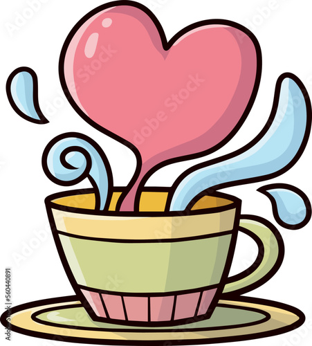 Soft and funny cup of coffee with heart shape smoke cartoon illustration.