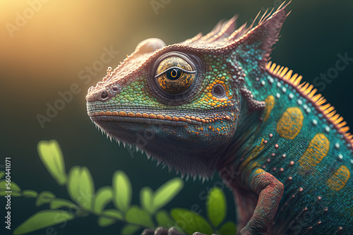 Beautiful multicolored chameleon. Generative AI.