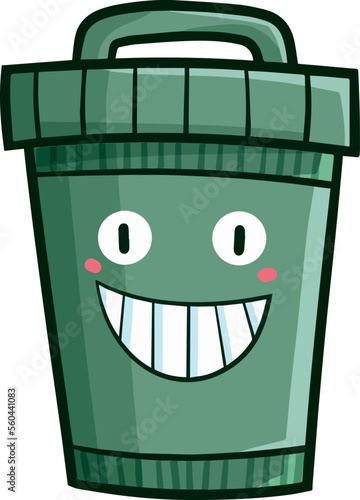 Funny dark green trash can cartoon character smiling happily