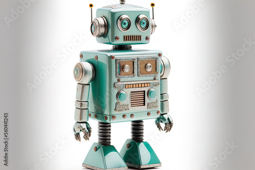 Vintage tin robot toy isolated on a white background. Generative AI