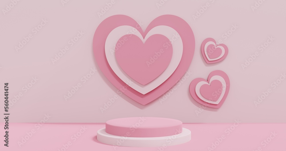 Realistic Pink 3D rendered pedestal podium with heart shape symbol on the background. Valentine's day scene for products showcase. Realistic Pink 3D rendered pedestal podium with heart shape symbol on the background. Valentine's day scene for products showcase.