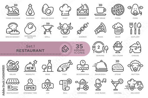 Set of conceptual icons. Vector icons in flat linear style for web sites, applications and other graphic resources. Set from the series - Restaurant. Editable outline icon. 