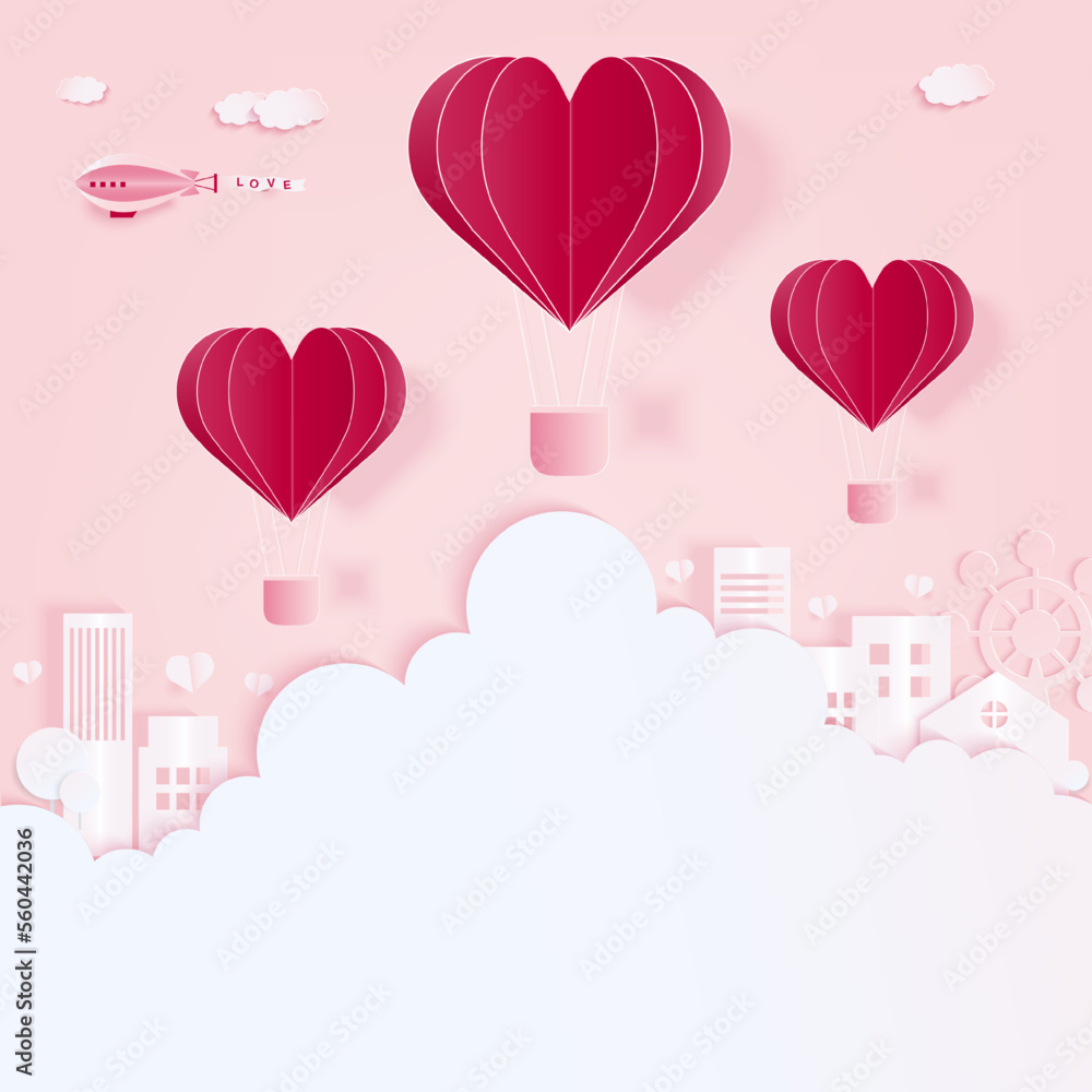 Heart balloon and cloud paper art background