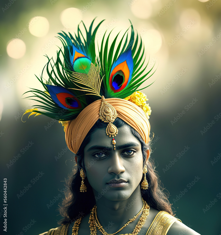 Lord Krishna posing with a peacock headdress on his head. Generative AI