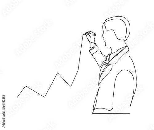 Continuous one line drawing of businessman drawing chart graph. Business statistic presentation line art vector illustration.