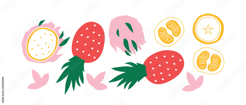 Vector Organic fruits template. Set of juicy fruits in cartoon style . Healthy lifestyle, vegetarianism Vector Organic fruits template. Set of juicy fruits in cartoon style . Healthy lifestyle, vegetarianism