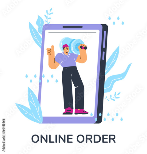 Online order of water for home and office delivery, flat vector isolated.