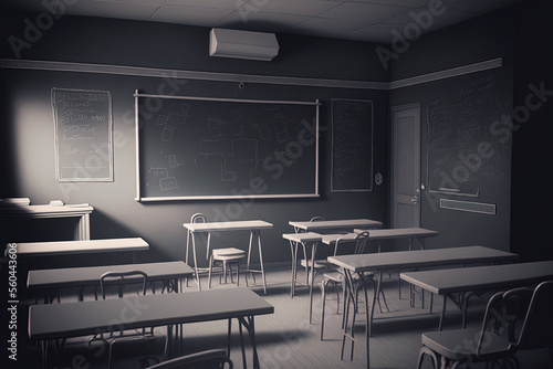 Empty modern classroom with chairs, desks and chalkboard. Generative AI
