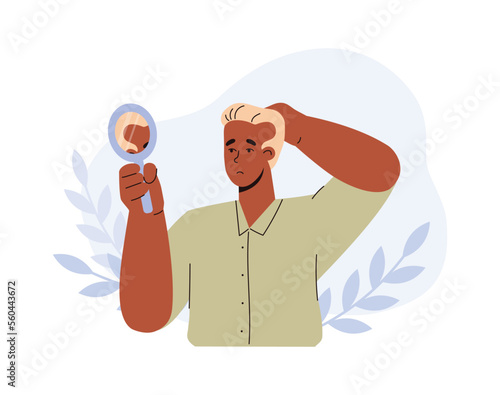 Sad man looking in the mirror at his balding forehead, flat vector illustration isolated on white background.