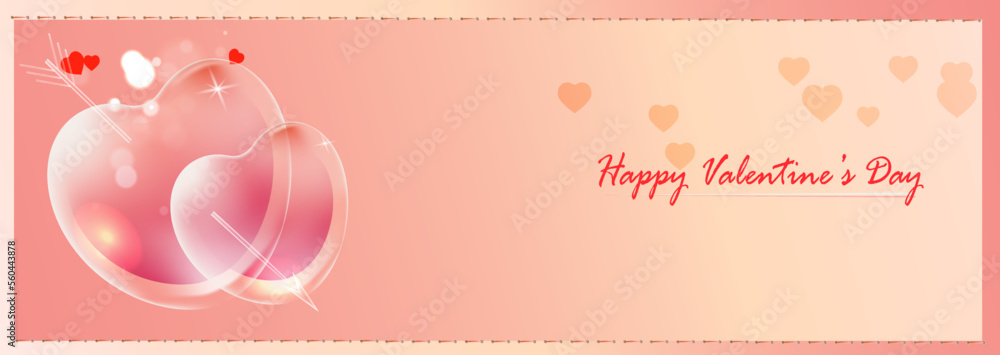 Valentine's Day banner design template. Transparent hearts on a pink background