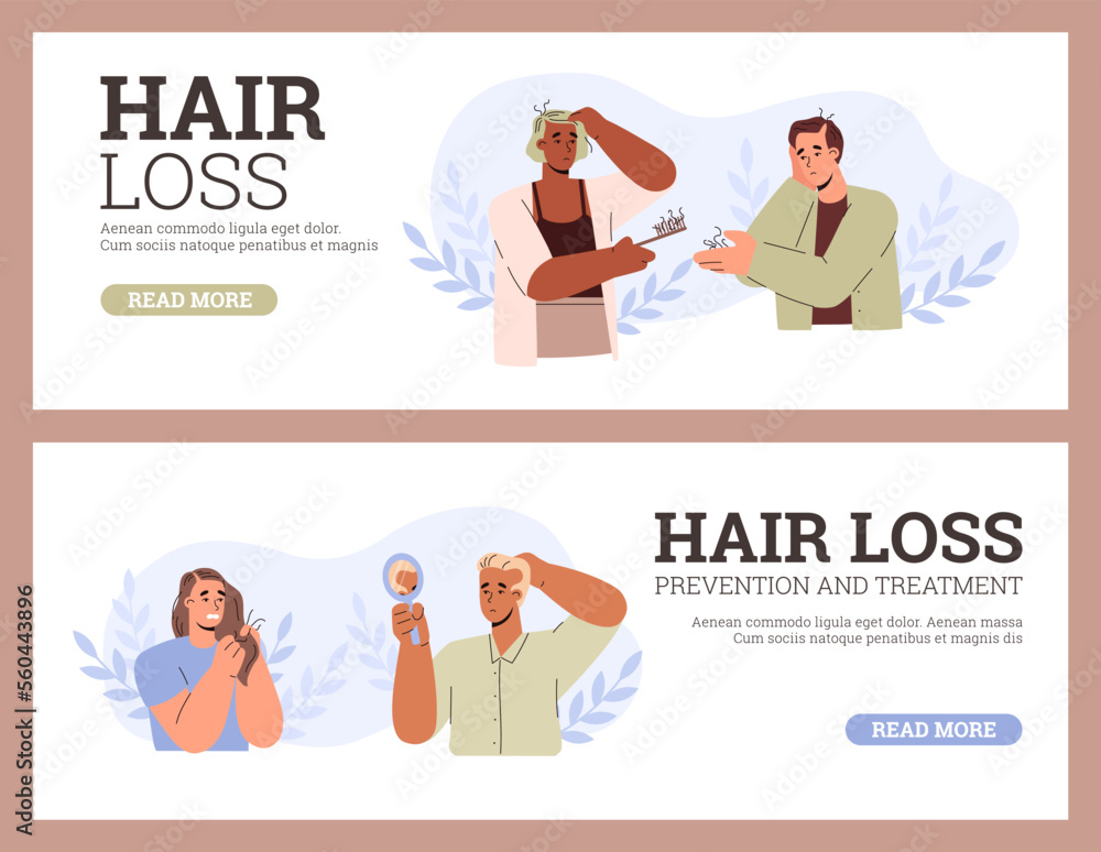 Hair loss web banners set with set balding people, flat vector illustration. Hair loss web banners set with set balding people, flat vector illustration.
