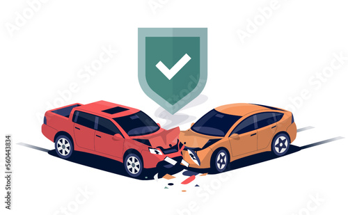 Two damaged car collision. Insurance protection shield sign impact incident. Traffic accident on road, crossroad, street. Vehicle front part bumper crash. Fast driving crashing, head-on hit. Isolated.