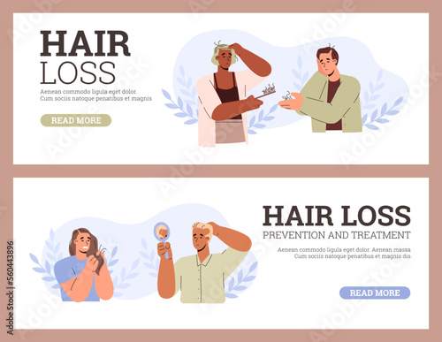 Hair loss web banners set with set balding people, flat vector illustration.