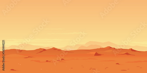 Martian orange landscape background tileable horizontally, sand hills with stones on a deserted planet