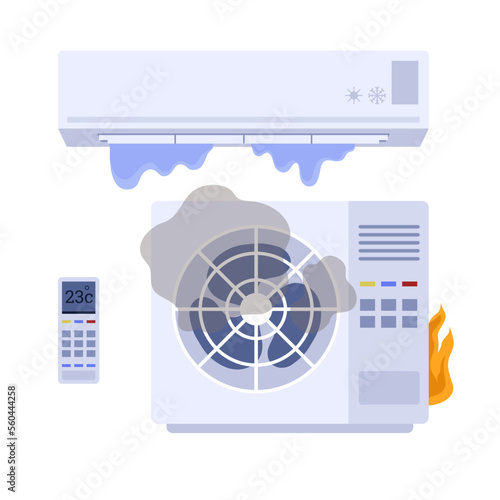 Borker air conditioner with leaking water, smoke and fire, flat vector illustration isolated on white background.