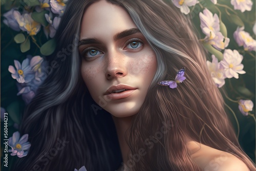 Fictional portrait of beautiful woman in spring with flowers in wavy hair and butterflies, generative ai