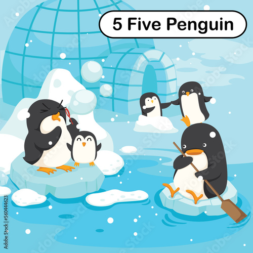 Flashcard number five with 5 penguin learning for kid illustration vector