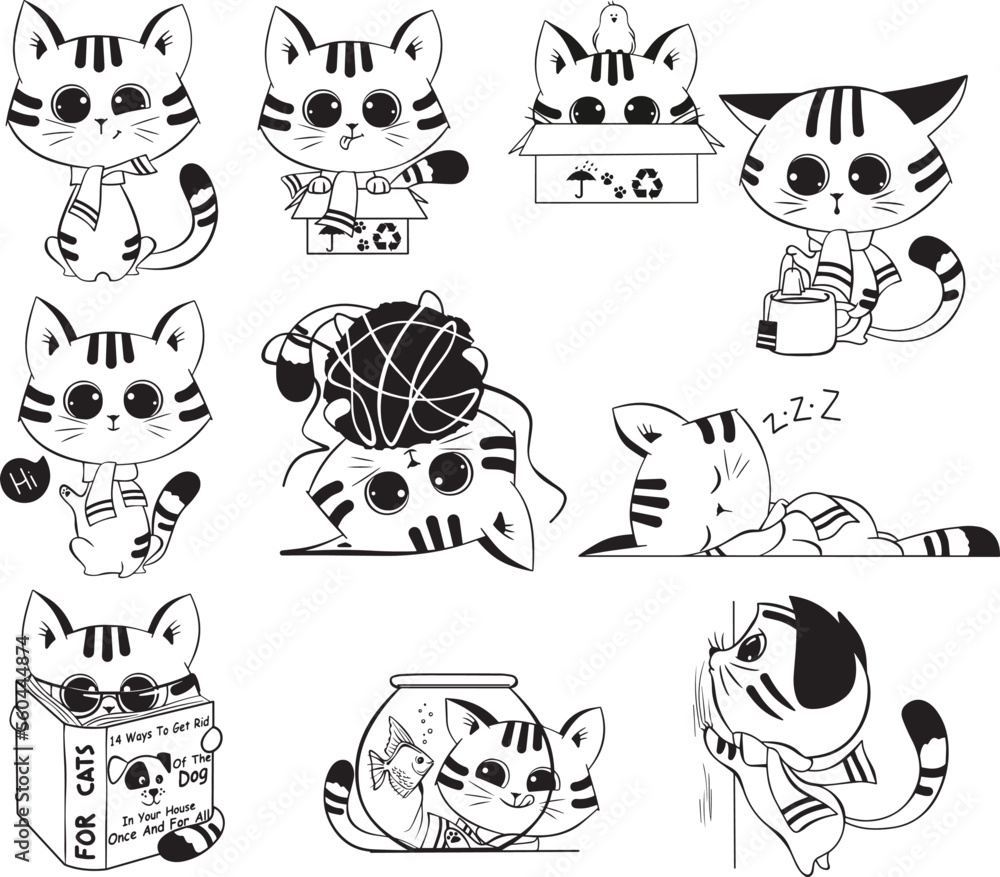 Obraz premium Hand-drawn white cats in various poses