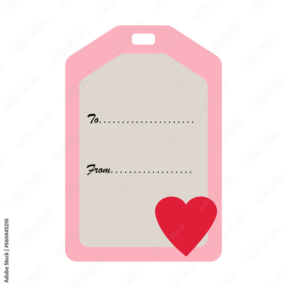 Simple flat name tag present label pink with red heart, to from lines