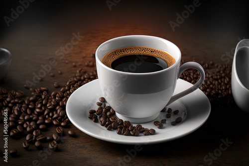 a white cup holding a freshly prepared espresso with a background of coffee beans. Generative AI