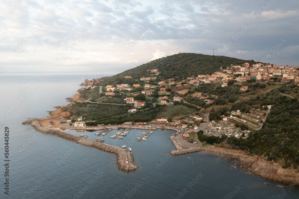 Aerial view of the port tof Cargèse in Corsica, France