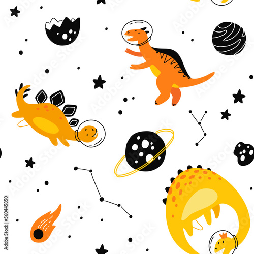 Dino in space seamless pattern. Cute dragon characters  dinosaur traveling galaxy with stars  planets. Kids cartoon vector background. Illustration of astronaut dragon  kids wrapping with cosmic dino