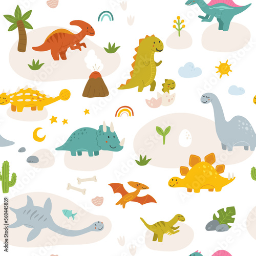 Vector seamless pattern with cute baby dinosaurs. Hand drawn brontosaurus, tyrannosaurus, pterodactyl, triceratops, stegosaurus. Set of flat cartoon vector illustrations isolated on white background