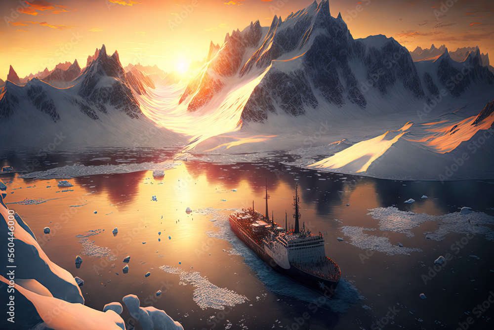 Ship, beautiful arctic landscape. Generative AI.