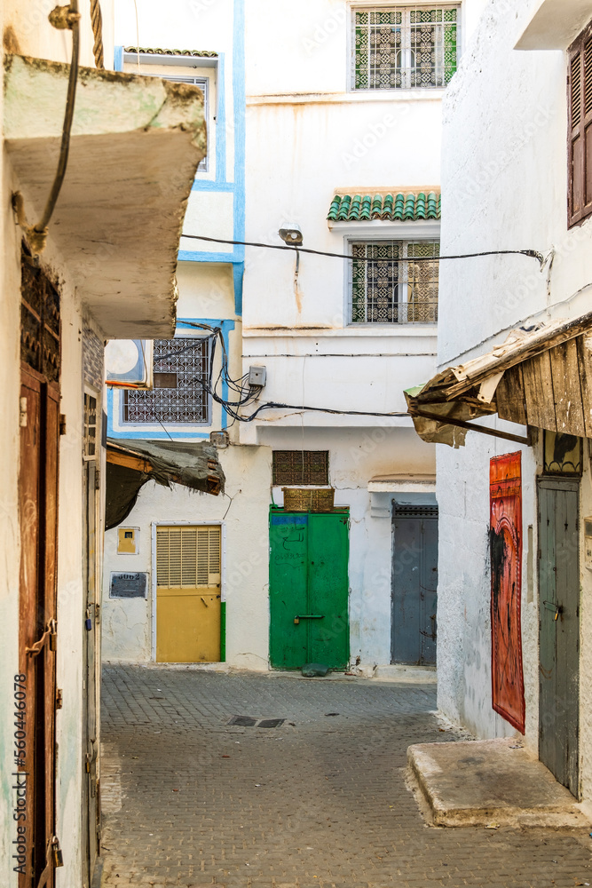 Fototapeta premium Charming street with colorful doors in Moulay Idriss, Morocco, Africa