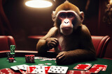 closeup of monkey holding a card and sitting at casino table with cards and chips in front of him and a light behind him and playing poker, no people, generative AI