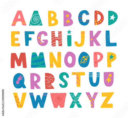 Abstract decorative English alphabet. Space  cute Kids font. Ideal for education  home decor. Vector colorful Illustration in cute scandinavian style.