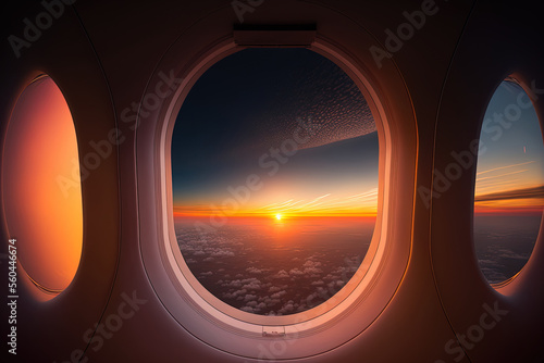 Seeing the sunrise via an airplane window. Generative AI