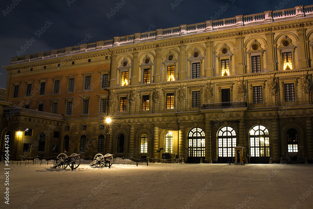 Night view of the Swedish Royal Palace, the official residence and important royal palace of the Swedish monarch. Stockholm Palace is located on Stadsholmen in Gamla Stan, in Stockholm's Old Town.