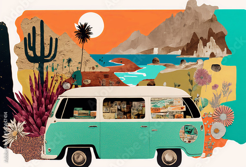 Summer vacation road trip trendy art paper collage design. Generative ai