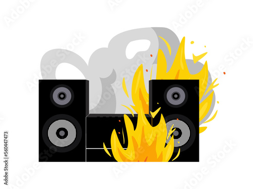 Broken music center illustration. Music speaker with fire in flat style. Broken burning music system with huge speakers on a white background.